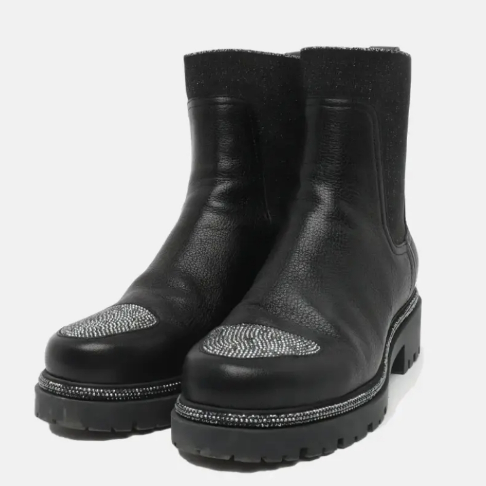 Renè Caovilla Designer Sparkly Black Chelsea Combat Rhinestone Boots US Sz 6.5